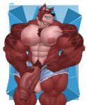  2022 abs anthro areola balls biceps big_penis biped body_hair bottomwear canid canine canis clothed clothing digital_media_(artwork) foreskin gabgbb genital_piercing genitals half-erect happy_trail hi_res huge_penis hyper hyper_genitalia hyper_penis male mammal nipple_piercing nipples pecs penis penis_piercing piercing prince_albert_piercing quads simple_background smile solo thick_thighs topless triceps wolf 