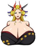  1girl ass black_maria_(one_piece) blonde_hair blue_eyes breasts clothes gigantic_breasts highres horns huge_ass huge_breasts japanese_clothes kimono long_hair looking_at_viewer monhuter10 one_piece simple_background smile solo tall_female white_background 