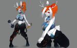  &lt;3 absurd_res anthro antlers big_breasts bottomwear breasts cargo_pants clothed clothing female hair hi_res horn jackalope lagomorph leporid mammal midriff open_bottomwear open_clothing open_pants orange_hair panties pants ponytail rabbit red_eyes smile solo speech_bubble spread_legs spreading tight_clothing underwear undone_belt white_body zyantada 