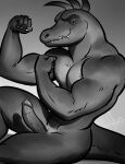  bgn biceps black_and_white bright_sight_(oc) donkey_kong_(series) fangs flexing flexing_both_biceps flexing_muscles genitals hi_res kremling kritter_(kremling) looking_at_viewer monochrome nintendo penis scalie slit spines teeth 