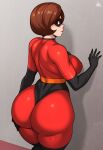  1girl absurdres against_wall ass ass_focus black_gloves breasts brown_hair elastigirl gloves highres jmg large_breasts looking_at_viewer looking_back mask mature_female short_hair the_incredibles 