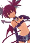  1girl disgaea earrings elbow_gloves etna_(disgaea) fang gloves highres hosiman jewelry latex latex_gloves looking_at_viewer makai_senki_disgaea navel pointy_ears red_eyes red_hair skirt skull_earrings slit_pupils smile solo stomach twintails 