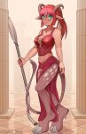  absurd_res anthro biped blush breasts cleavage clothed clothing column digital_media_(artwork) female green_eyes hair hi_res holding_object holding_spear holding_weapon horn humanoid_pointy_ears inside looking_at_viewer melee_weapon polearm red_clothing red_hair satyr shaded solo spear standing tekilao weapon 