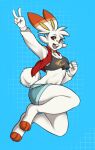  anthro bandage_on_nose big_ears bottomwear brown_eyes buckteeth clothed clothing crop_top female fluffy fluffy_tail fur generation_8_pokemon gesture hi_res jacket lagomorph mammal mocha-wing nintendo open_clothing open_jacket open_mouth open_topwear pink_nose pokemon pokemon_(species) scorbunny shirt shorts solo tail teeth topwear v_sign white_body white_fur 