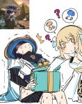  1boy 1girl ? ^^^ black_shorts black_sleeves blonde_hair blue_cape blue_headwear blush box cape detached_sleeves dick_in_a_box finger_to_mouth flower genshin_impact genshin_impact_sticker_redraw_(meme) gift gift_box hair_flower hair_ornament highres holding holding_box holding_gift implied_penis_grab lumine_(genshin_impact) meme mushroom official_art_inset reaching reference_inset ribbon scaramouche_(genshin_impact) screencap_inset sesield shirt shorts sitting skirt speech_bubble sweat sweating_profusely thinking trembling wanderer_(genshin_impact) white_shirt white_skirt yellow_eyes yellow_ribbon 