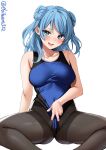  1girl ass ass_visible_through_thighs bangs bare_shoulders black_pantyhose blue_eyes blue_hair blue_one-piece_swimsuit blush breasts collarbone competition_swimsuit covered_navel cropped_legs double_bun ebifurya hair_between_eyes hair_bun highres kantai_collection large_breasts looking_at_viewer one-hour_drawing_challenge one-piece_swimsuit open_mouth pantyhose pantyhose_under_swimsuit simple_background smile solo spread_legs swimsuit thighband_pantyhose thighs twitter_username urakaze_(kancolle) wedgie white_background 