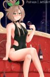  1girl alternate_costume alternate_hairstyle bare_arms bare_legs black_dress blush bottle breasts brown_hair cup dress drinking_glass green_eyes highres holding holding_cup if_(neptune_series) jetkerbal long_hair looking_at_viewer neptune_(series) sitting small_breasts smile wine_bottle wine_glass 
