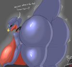  2023 anthro big_breasts big_butt biped breasts butt digital_media_(artwork) female garchomp generation_4_pokemon hi_res huge_breasts huge_butt hyper hyper_breasts hyper_butt nintendo pokemon pokemon_(species) presenting presenting_hindquarters question_mark rear_view simple_background smile solo thick_thighs vf-01s wide_hips 