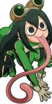  1girl all_fours asui_tsuyu bangs bodysuit boku_no_hero_academia breasts closed_mouth frog_girl gloves goggles goggles_on_head green_hair hair_between_eyes large_breasts long_hair long_tongue mike_inel smile solo tongue tongue_out transparent_background white_gloves 