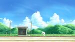  1boy blue_sky bus_stop cloud commentary_request day fence field glowing highres hill lamppost manatsu_no_yo_no_inmu outdoors road road_sign rural scenery sign sky tyb_(inmu) yajuu_senpai 