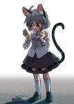  1girl absurdres ahoge animal_ear_fluff animal_ears bangs black_footwear bottle collared_shirt full_body grey_hair grey_skirt highres kusiyan mouse_ears mouse_girl mouse_tail nazrin open_mouth red_eyes see-through see-through_shirt shirt short_hair skirt socks solo standing tail touhou water_bottle wet wet_clothes wet_shirt white_background white_shirt white_socks 