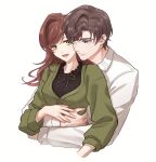  1boy 1girl :d artem_wing_(tears_of_themis) bangs bel_3001 black_shirt blue_eyes brown_hair closed_mouth collared_shirt frills green_eyes green_jacket highres hug hug_from_behind jacket long_hair long_sleeves open_mouth rosa_(tears_of_themis) shirt short_hair simple_background smile tears_of_themis upper_body white_background white_shirt 