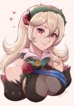  1girl bangs bare_shoulders breasts cleavage corrin_(female)_(fire_emblem) corrin_(fire_emblem) evomanaphy fire_emblem fire_emblem_fates fire_emblem_heroes flower hair_between_eyes hair_flower hair_ornament heart highres long_hair looking_at_viewer official_alternate_costume pointy_ears red_eyes smile solo thorns twitter_username white_background white_hair 