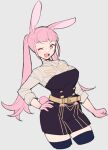  1girl ;d animal_ears bangs belt black_thighhighs blunt_bangs blush breasts buttons do_m_kaeru fire_emblem fire_emblem:_three_houses garreg_mach_monastery_uniform grey_background hand_on_hip hilda_valentine_goneril kemonomimi_mode large_breasts long_hair looking_at_viewer one_eye_closed open_mouth pink_eyes pink_hair rabbit_ears rabbit_tail simple_background sleeves_rolled_up smile solo tail thighhighs twintails uniform yellow_belt 