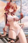  1girl alternate_costume arknights ass_visible_through_thighs beach bikini blue_sky blush breasts cloud day fiammetta_(arknights) hair_between_eyes highres large_breasts looking_at_viewer navel ocean outdoors red_eyes red_hair ru_zhai short_hair sky solo swimsuit tail white_bikini 