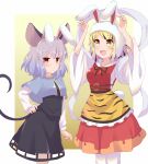  2girls animal_ears animal_hood animal_print bangs black_hair black_ribbon blonde_hair blush breasts chinese_zodiac closed_mouth commentary_request crystal dress expressionless fake_animal_ears feet_out_of_frame frilled_skirt frills grey_hair grey_skirt grey_vest hand_on_hip highres hood jewelry layered_clothes long_sleeves looking_at_viewer medium_breasts mouse_ears mouse_girl mouse_tail multicolored_hair multiple_girls nazrin neck_ribbon o-ring open_mouth pendant print_skirt rabbit rabbit_hood red_dress red_eyes ribbon shirt short_hair skirt skirt_set sleeveless sleeveless_dress small_breasts smile streaked_hair tail tiger_print toramaru_shou touhou two-tone_hair utakata_(azaka00) vest white_shirt wide_sleeves year_of_the_rabbit yellow_eyes 