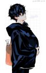  1boy amamiya_ren bag bangs black_cat black_eyes black_hair black_hoodie blue_eyes broken_eyewear btmr_game cat closed_mouth commentary_request glasses hair_between_eyes highres hood hood_down hoodie long_sleeves looking_at_viewer male_focus morgana_(persona_5) persona persona_5 signature simple_background 