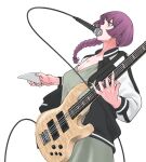  1girl absurdres bachi bass_guitar bocchi_the_rock! braid dress highres hiroi_kikuri instrument jacket letterman_jacket long_dress long_hair microphone mouth_hold plectrum purple_eyes purple_hair skrmtl solo white_background 