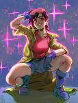  1girl absurdres black_hair blue_footwear blue_gloves blue_shorts boots coat english_commentary eyewear_on_head gloves grin highres jubilee marvel pink_shirt purple_eyes ramiel09 shirt shorts simple_background smile solo sparkle squatting sunglasses x-men yellow_coat 