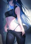  1girl absurdres black_panties black_pants blue_archive blue_hair breasts clothes_pull crop_top grey_eyes highres locker looking_at_viewer medium_breasts navel panties pants pants_pull parted_lips pulled_by_self saori_(blue_archive) saya_kuroha solo stomach sweat underwear 