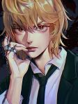  1boy belt black_jacket black_necktie black_suit blonde_hair brown_eyes business_suit collared_shirt crystal_earrings earrings eyelashes formal hand_on_own_face highres hunter_x_hunter jacket jewelry kurapika looking_at_viewer male_focus multiple_rings necktie phoneafrog portrait ring shirt sleeves_rolled_up solo suit suit_jacket white_shirt 