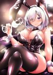 1girl arm_support black_corset black_thighhighs bow bowtie breasts cleavage corset crossed_legs cup detached_collar grey_hair hair_ornament hair_over_one_eye hairclip hamakaze_(kancolle) highres holding holding_cup kantai_collection large_breasts looking_at_viewer playboy_bunny pulumelo purple_eyes short_hair sitting solo thighhighs thighs wrist_cuffs 