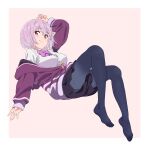  1girl \||/ absurdres arms_up bangs black_skirt border bow bowtie breasts commentary floating from_below grey_pantyhose gridman_universe hair_between_eyes hand_up highres jacket knees_up light_purple_hair long_sleeves looking_at_viewer masuo_(masdlivelove) medium_breasts multicolored_clothes multicolored_jacket off_shoulder pantyhose pink_background pleated_skirt purple_bow purple_bowtie purple_hair purple_jacket red_eyes shinjou_akane shirt short_hair skirt sleeves_past_wrists smile soles solo split_mouth ssss.gridman two-tone_background white_border white_shirt zipper_pull_tab 