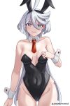  1girl :3 ahoge alternate_costume animal_ears ass_visible_through_thighs bare_shoulders black_leotard blush breasts closed_mouth collarbone covered_navel detached_collar grey_eyes groin gundam gundam_suisei_no_majo hand_up highleg highleg_leotard highres leotard long_hair medium_breasts miorine_rembran necktie playboy_bunny rabbit_ears red_necktie seraphim_throne short_necktie simple_background smile solo thighs very_long_hair white_background white_hair wrist_cuffs 