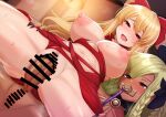  2girls bar_censor blonde_hair blush bow breasts censored dark_skin dress empty_eyes fingernails futanari granblue_fantasy hair_bow helel_ben_shalem highres large_breasts long_hair multiple_girls nipples no_bra no_panties open_mouth pacifier penis pussy red_dress red_eyes sex sharp_fingernails smile tenken_(gotannda) vaginal vira_(granblue_fantasy) 