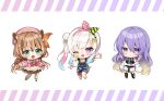  3girls :d airani_iofifteen animal_ears ayunda_risu belt black_belt blonde_hair blue_bow blue_bowtie blush_stickers boots bow bowtie brown_hair brown_skirt chibi closed_mouth contrapposto full_body gradient_hair green_eyes grey_hair hair_between_eyes hair_bun hair_ornament hairband hairclip hat hololive hololive_indonesia jacket leaf_hair_ornament long_hair long_sleeves looking_at_viewer low_twintails midriff moona_hoshinova multicolored_hair multiple_girls navel noi_mine off_shoulder one_eye_closed overall_shorts overalls paint_splatter paint_splatter_on_face pink_bow pink_bowtie pink_hairband pink_headwear pink_jacket purple_eyes purple_hair shirt side_ponytail single_side_bun skirt smile squirrel_ears squirrel_tail star_(symbol) star_in_eye symbol_in_eye tail thighhighs twintails very_long_hair white_jacket white_shirt white_thighhighs 