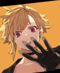  1girl absurdres black_choker black_gloves blonde_hair choker earrings gloves highres jewelry leo_(reiga) looking_at_viewer open_mouth original red_eyes reiga_(act000) short_hair solo upper_body wide-eyed yellow_background 
