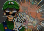  1boy 1girl blue_overalls brown_hair crown crying facial_hair gloves green_headwear hat heart looking_at_another luigi mario_(series) mustache overalls princess_daisy smile white_gloves 