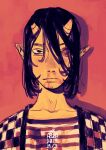  2019 anthro azuza black_clothing black_eye_(injury) black_hair black_topwear blood bodily_fluids broken_horn bruised bust_portrait clothed clothing dated front_view hair hi_res horn humanoid_pointy_ears looking_at_viewer male mouth_closed nosebleed portrait red_background signature simple_background solo tan_body tan_horn tan_skin topwear white_clothing white_topwear 