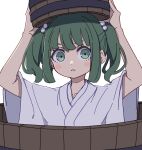  1girl absurdres blush_stickers bucket green_eyes green_hair hair_bobbles hair_ornament highres holding in_bucket in_container japanese_clothes kame_(kamepan44231) kimono kisume one-hour_drawing_challenge open_mouth short_hair simple_background solo touhou twintails upper_body white_background white_kimono wide_sleeves 