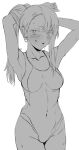  1girl absurdres armpits arms_behind_head breasts fang greyscale hair_ornament hairclip head_cha_la highres ijiranaide_nagatoro-san long_hair medium_breasts monochrome nagatoro_hayase one-piece_swimsuit open_mouth smile solo sweat sweatdrop swimsuit white_background 