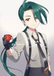  1girl ahoge aona_(noraneko) bangs black_necktie black_pants bright_pupils buttons collared_shirt commentary_request earrings green_hair hand_on_hip highres holding holding_poke_ball jewelry long_hair looking_at_viewer necktie pants poke_ball poke_ball_(basic) pokemon pokemon_(game) pokemon_sv ponytail red_eyes rika_(pokemon) shirt solo stud_earrings suspenders watermark white_pupils 