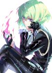  1boy androgynous closed_mouth crossed_legs ekita_kuro fire frilled_sleeves frills gloves green_hair half_gloves hand_on_own_chin high_collar highres lio_fotia looking_at_viewer male_focus promare purple_eyes short_hair sidelocks simple_background solo stroking_own_chin white_background 