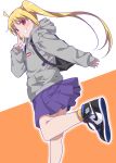  1girl alternate_costume backpack bag bangs black_bag blonde_hair blush bocchi_the_rock! full_body grey_hoodie hood hood_down hoodie ijichi_nijika inui_sekihiko leg_up long_hair long_sleeves looking_at_viewer open_mouth pleated_skirt purple_skirt red_eyes shoes skirt smile sneakers solo standing supreme_(brand) v v_over_mouth 