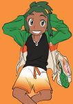  1boy alternate_costume arms_behind_head black_shirt commentary crossed_legs dark-skinned_male dark_skin elizabeth_(tomas21) green_hair green_jacket grey_eyes grin hau_(pokemon) highres jacket looking_at_viewer male_focus multicolored_clothes multicolored_jacket open_clothes open_jacket orange_background pokemon pokemon_(game) pokemon_sm shirt short_ponytail shorts simple_background smile solo tassel white_shorts 