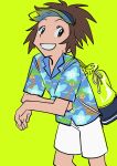  1boy alolan_exeggutor alternate_costume backpack bag black_eyes blue_shirt brown_hair buttons character_print collared_shirt commentary elizabeth_(tomas21) green_background green_bag grin highres looking_to_the_side male_focus nate_(pokemon) pokemon pokemon_(game) pokemon_bw2 shirt short_hair short_sleeves shorts simple_background smile solo visor_cap white_shorts 