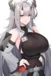  1girl absurdres arknights bare_shoulders belt black_shirt breasts commentary detached_sleeves english_commentary fang grey_belt grey_hair hands_on_hips highres horns huge_breasts kanta_(kanta_077) long_hair looking_at_viewer matoimaru_(arknights) pointy_ears red_eyes shirt simple_background smile solo sparkle upper_body very_long_hair white_background 