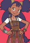  1girl alternate_costume bangs bracelet brown_dress closed_mouth commentary dark-skinned_female dark_skin dress earrings elizabeth_(tomas21) hands_on_hips highres iris_(pokemon) jewelry long_hair looking_up orange_eyes pink_background pokemon pokemon_(game) pokemon_bw print_dress purple_hair shirt short_sleeves simple_background smile solo split_mouth t-shirt two_side_up white_shirt 