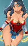  1girl bare_shoulders blue_eyes breasts cleavage dc_comics highres lipstick long_hair looking_at_viewer makeup revealing_clothes smile solo solo_focus temaeya_utsurou thighs wide_hips wonder_woman wonder_woman_(series) 