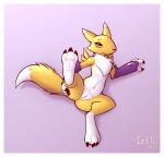  anthro bandai_namco butt chest_tuft claws clothing digimon digimon_(species) digitigrade female fingerless_gloves genitals gloves handwear hi_res iztli lying navel on_back presenting presenting_pussy pussy renamon smile solo spread_legs spreading tuft 