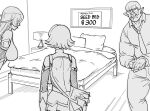  1boy 2girls absurdres bb_(baalbuddy) bed bed_sheet collared_shirt english_text glasses greyscale highres igawa_asagi igawa_sakura long_hair monochrome multiple_girls necktie nightstand orc pillow pointy_ears revealing_clothes shirt short_hair taimanin_(series) 