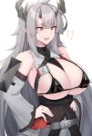  1girl :d absurdres arknights bare_shoulders belt black_bra bra breasts commentary detached_sleeves english_commentary fang grey_belt grey_hair hands_on_hips highres horns huge_breasts kanta_(kanta_077) long_hair matoimaru_(arknights) open_mouth pointy_ears red_eyes simple_background smile solo sparkle underwear upper_body very_long_hair white_background 