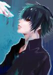  1boy absurdres bangs black_hair black_reaper black_sclera black_shirt closed_mouth colored_sclera from_side green_background highres kyuuba_melo looking_at_hand looking_up male_focus red_eyes shirt short_hair solo_focus tokyo_ghoul tokyo_ghoul:re 