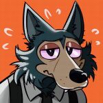  1:1 anthro beastars black_nose boy_squashy canid canine canis clothing comic_art dotted dotted_background fur grey_body grey_fur legoshi_(beastars) looking_at_viewer male mammal orange_background pattern_background pink_eyes simple_background solo wolf worried 