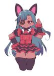  1girl animal_ears black_bow black_bowtie black_thighhighs blue_hair blush_stickers bow bowtie closed_mouth cropped_legs dark-skinned_female dark_skin dress eyepatch flat_chest hand_on_hip hand_up highres holding long_hair looking_at_viewer original red_dress red_eyes simple_background smile smug solo thigh_gap thighhighs very_long_hair white_background zankuro 