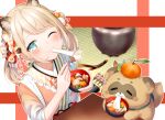  1girl aqua_eyes arrow_(projectile) blonde_hair bow_(weapon) bowl eating faubynet food fruit hololive japanese_clothes kazama_iroha kimono mandarin_orange mochi mochi_trail one_eye_closed pokobee quiver tanuki twintails virtual_youtuber weapon 